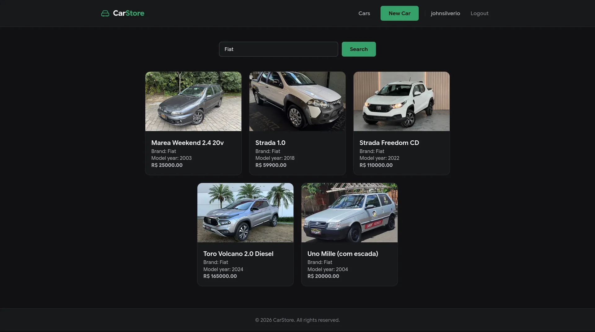 The Car Store inventory filtered by Fiat: five cars, each with a photograph, model year and price