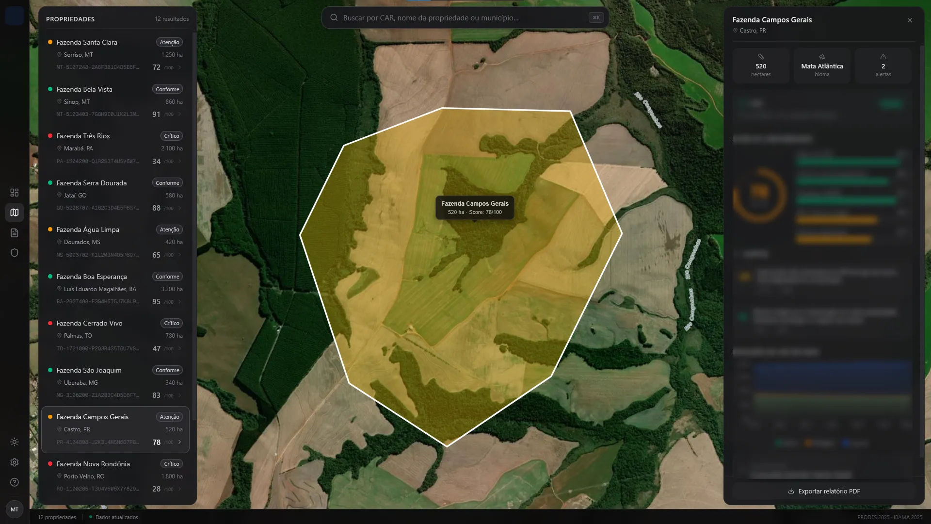 The platform's map screen: a list of rural properties with compliance scores on the left, one property outlined over satellite imagery, and its detail panel blurred