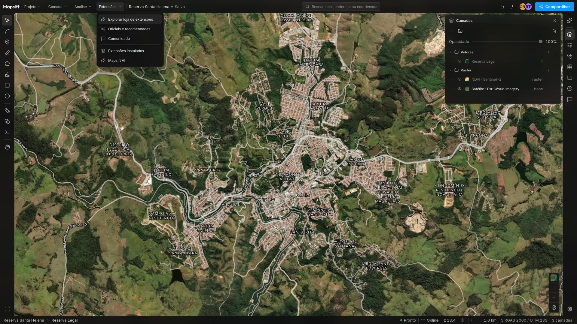 The Mapsift editor: satellite imagery of a town with the drawing tools on the left, the extensions menu open, and the layers panel on the right