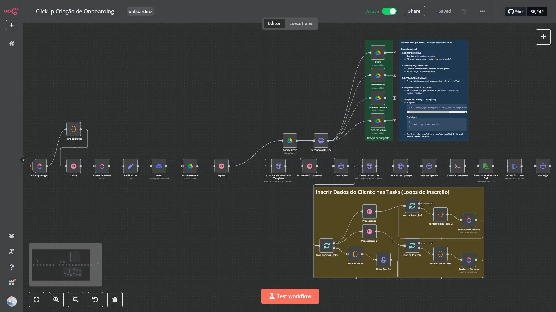The n8n workflow: a ClickUp trigger, then Google Drive folders, a ClickUp task list from a template, and the loops that write the client data into each task