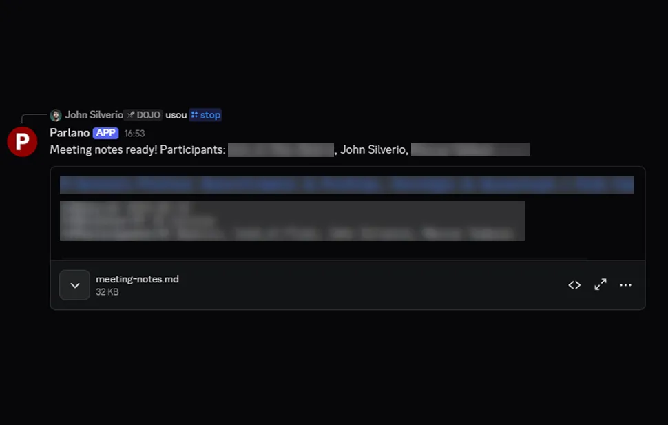 A Discord message from the Parlano bot saying the meeting notes are ready, with a Markdown file attached. Participant names and the contents are blurred