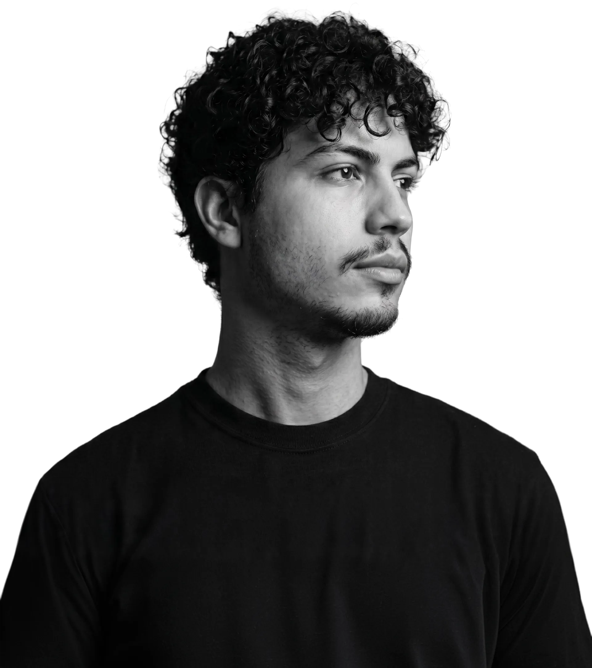 John Silverio, a black and white portrait in three-quarter profile