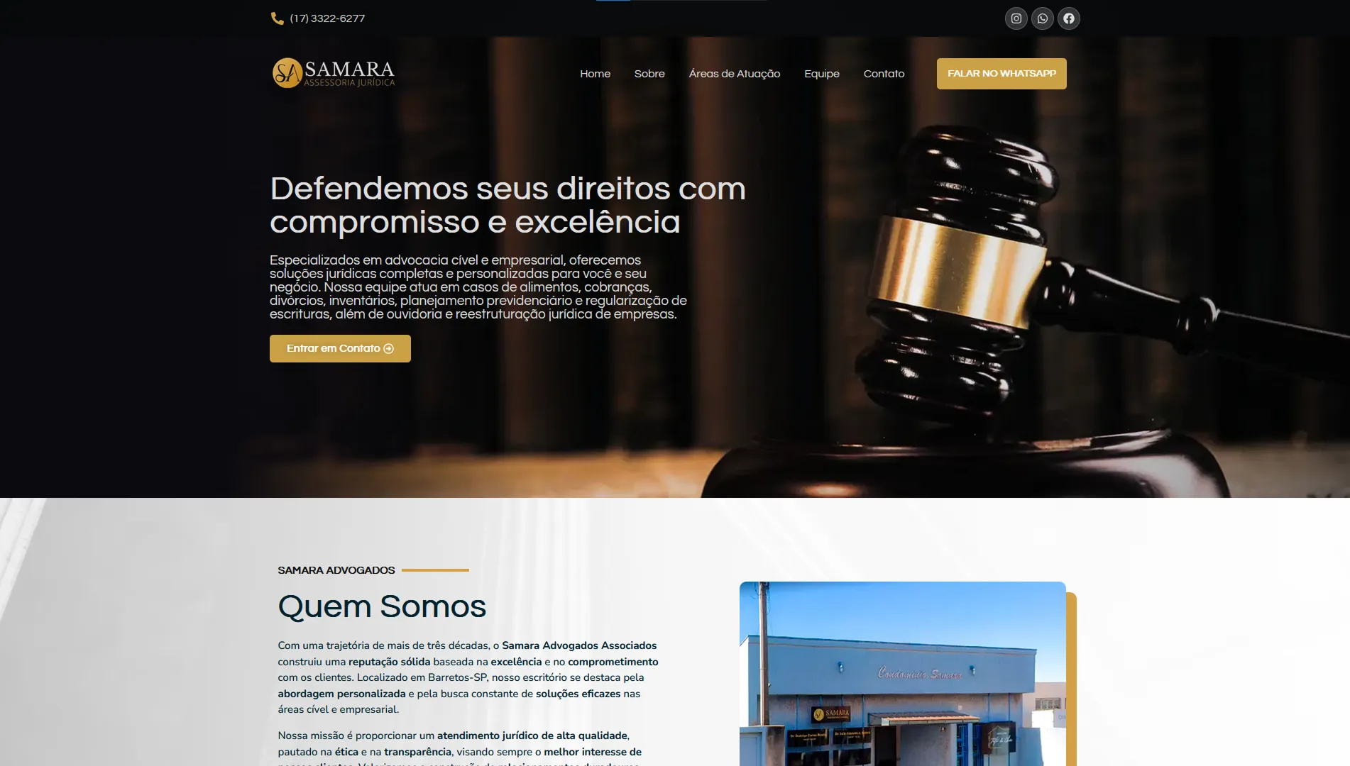 The home page of the Samara law firm: a headline over a photograph of a gavel, and the start of the section about the firm