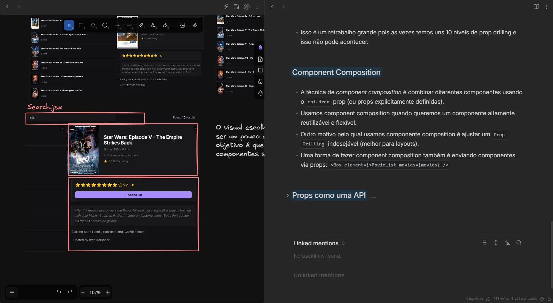 Study notes for Watchmark: the interface annotated by component on the left, and written notes on component composition on the right